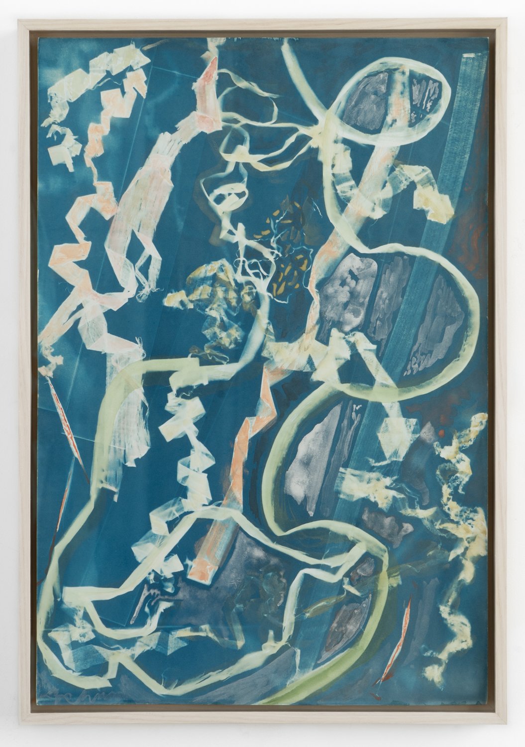   Spotting (exposed 6.1.24)   cyanotype and earth pigments on paper, 22 x 14 7/8"   in white washed ash artist’s frame, 23 × 16”  2024 