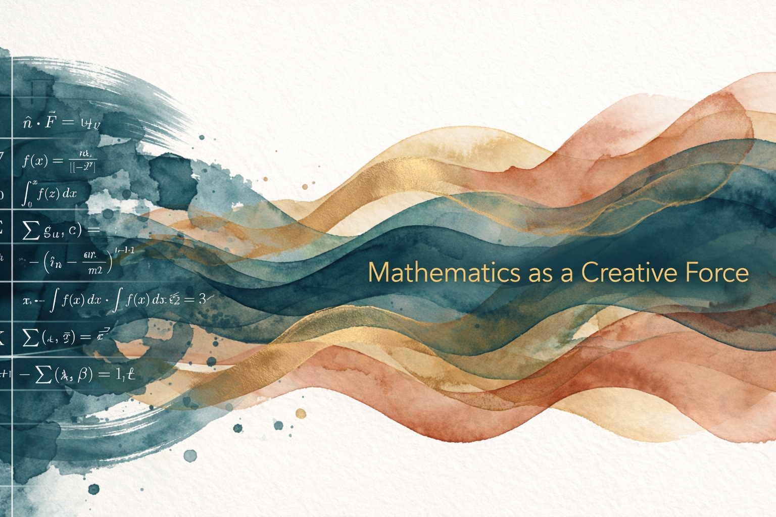 A watercolor background with mathematical equations on the left side and the phrase "Mathematics as a Creative Force" on the right side.