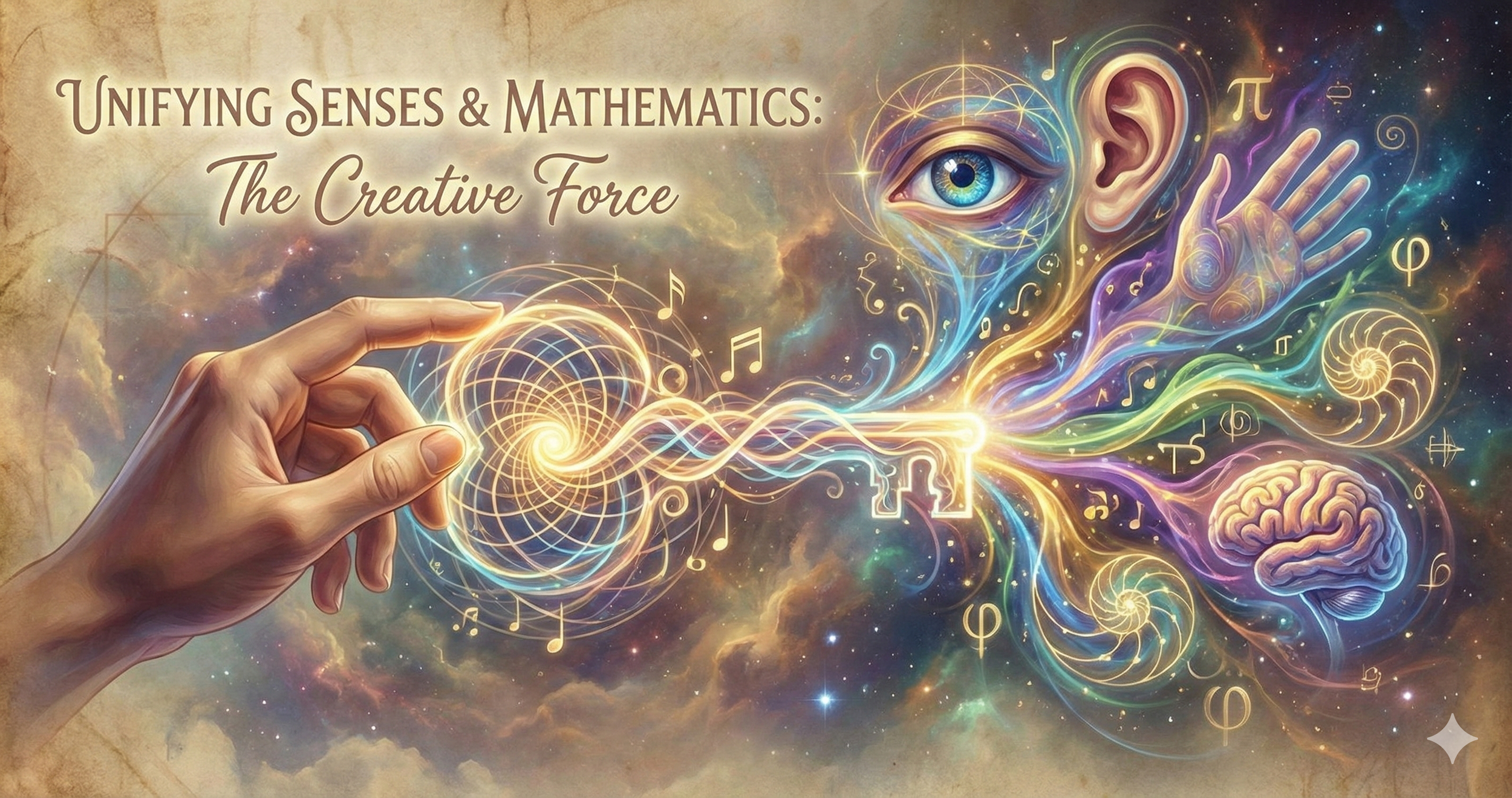 A hand holding a glowing key, with colorful abstract elements like an eye, brain, musical notes, and swirling patterns emanating from the key, set against a cosmic background. Text reads "Unifying Senses & Mathematics: The Creative Force."
