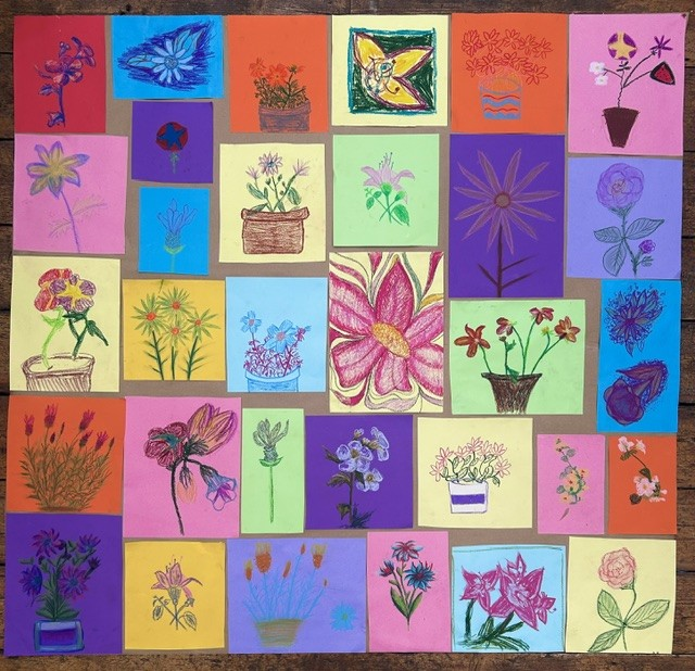 Flower drawings by nurses in wellbeing workshop 