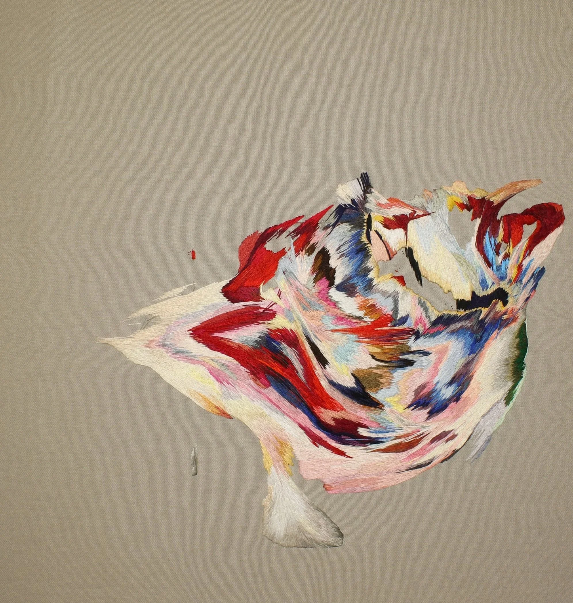 Ruby Woo, Hand embroidery on Pre-consumer Waste Fabric, 2026, 60 x 60 cm 