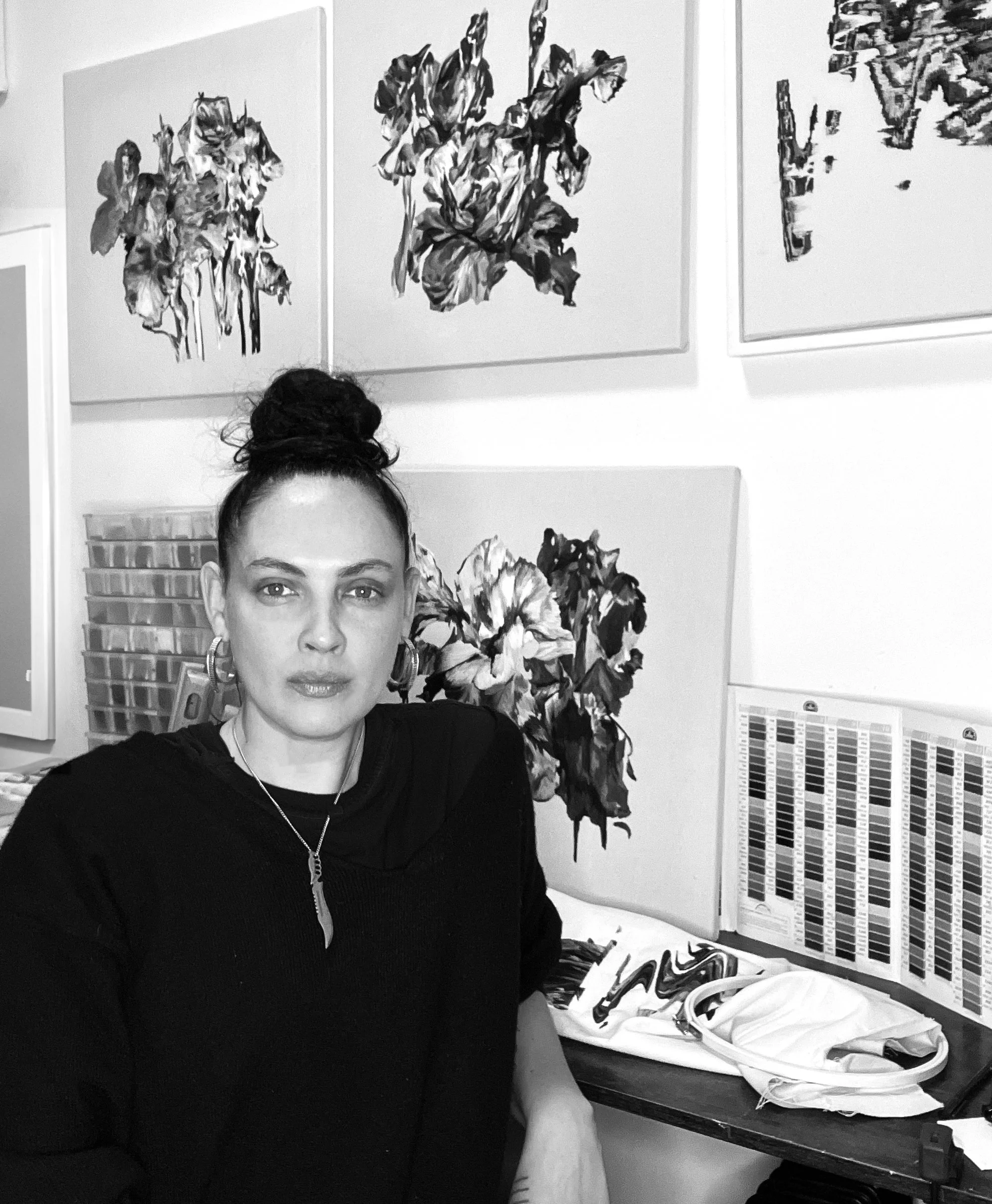 Portrait of Lucy Newman, a UK contemporary hand embroidery artist creating thread paintings and embroidered textile artworks.