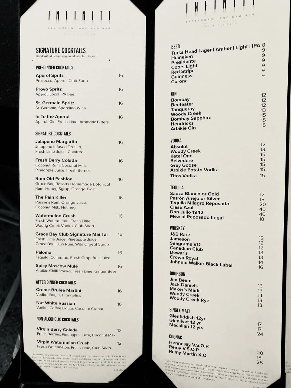 Live Music TCI - Infiniti Bar at Grace Bay Club - Grace Bay, Turks and Caicos 2 - Bar Menu 1.jpeg