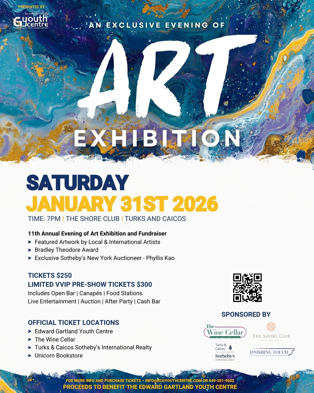 Event poster for the 10th anniversary of an Evening in Art at the Shore Club which raises money for the local youth centre. Features a collage of artwork within the number 10, with event details at the bottom and a colorful abstract background.