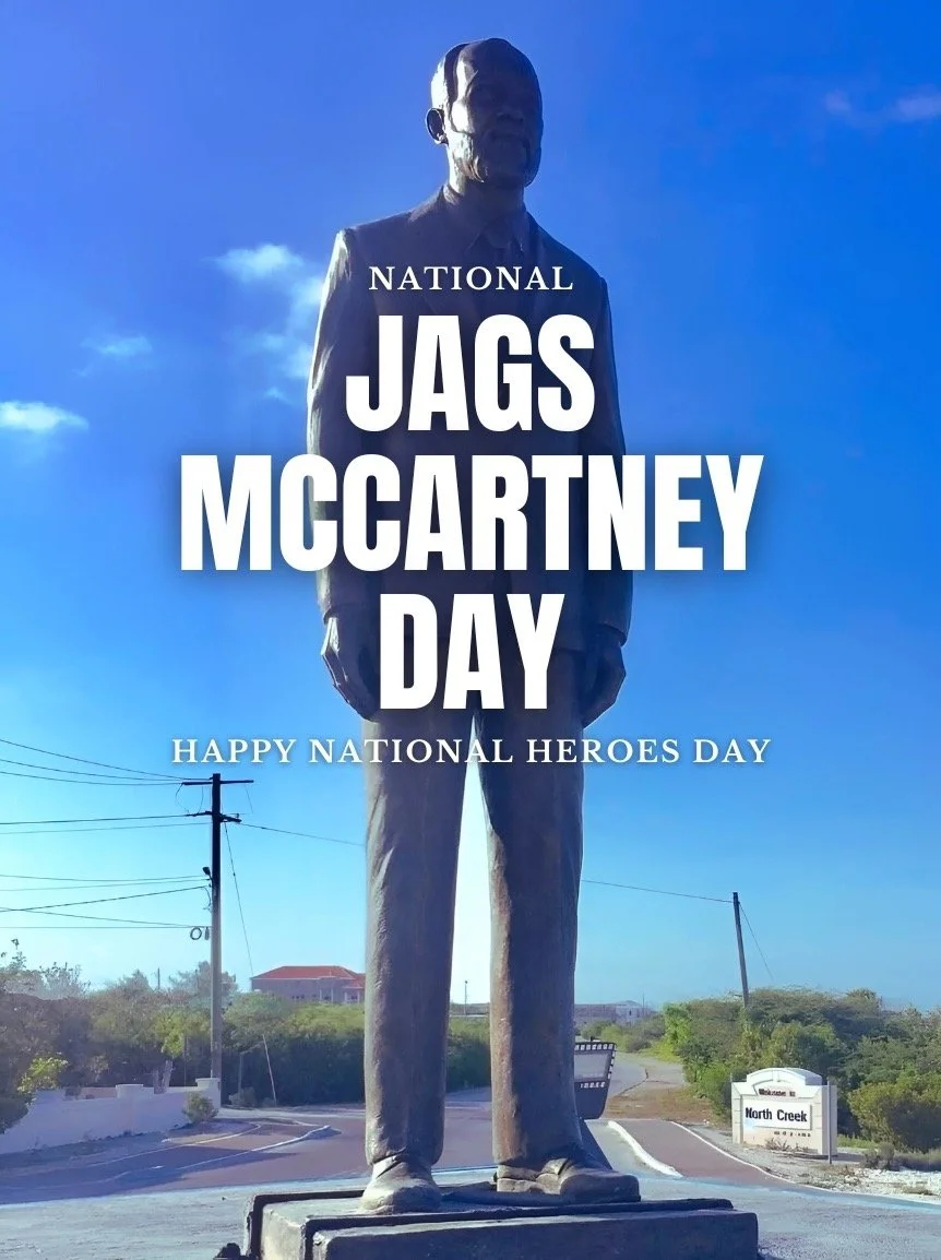 Celebrating National JAGs McCartney Day and Heroes Day, overlaid with text and with a background of a road and a clear blue sky.