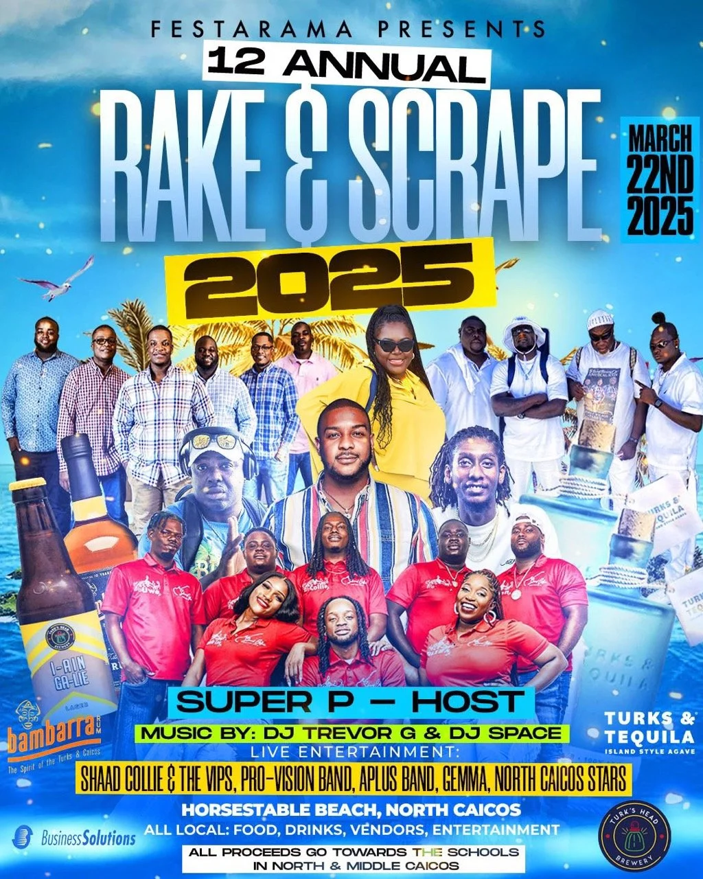 A promotional poster for the 12th annual Rake & Scrape festival in North Caicos, scheduled for March 22, 2025. The poster features images of performers, DJ music styling, and logos for Turk's & Tequila and Turks Head Brewery, along with event details, location at Horseable Beach, and a lineup including Shaad Collie & The Vips, Pro-Vision Band, Aplus Band, Gemma, and North Caicos Stars.