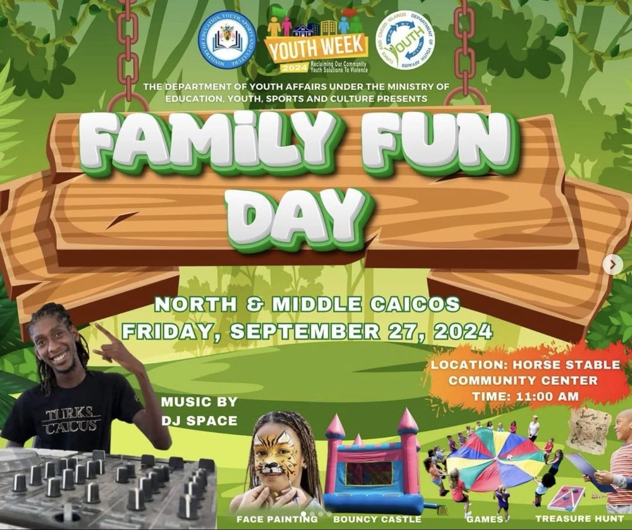Flyer for Family Fun Day event featuring activities like face painting, bounce castle, games, and treasure hunt, scheduled September at the Horse Stable Beach in North & Middle Caicos, with music by DJ Space.