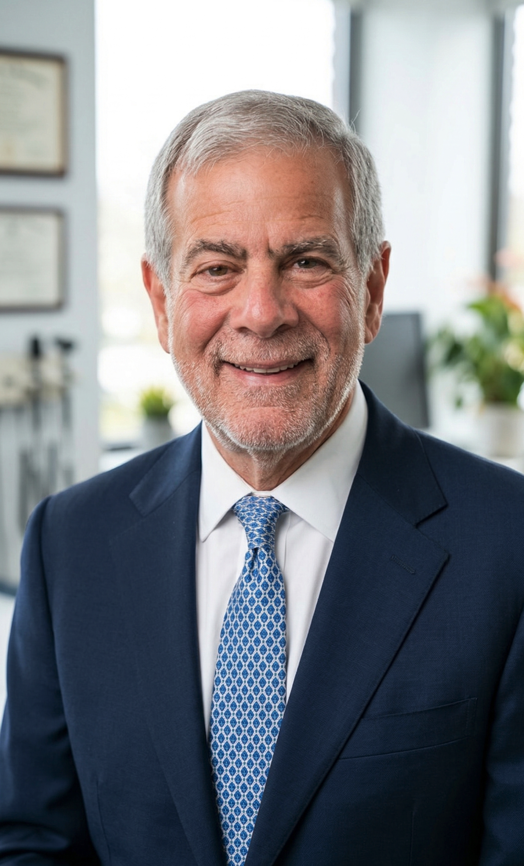 Dr. Robert Sadock, medical navigator, consultant and patient advocate, smilng in a navy blue suit with a patterned blue tie, standing in an office setting.