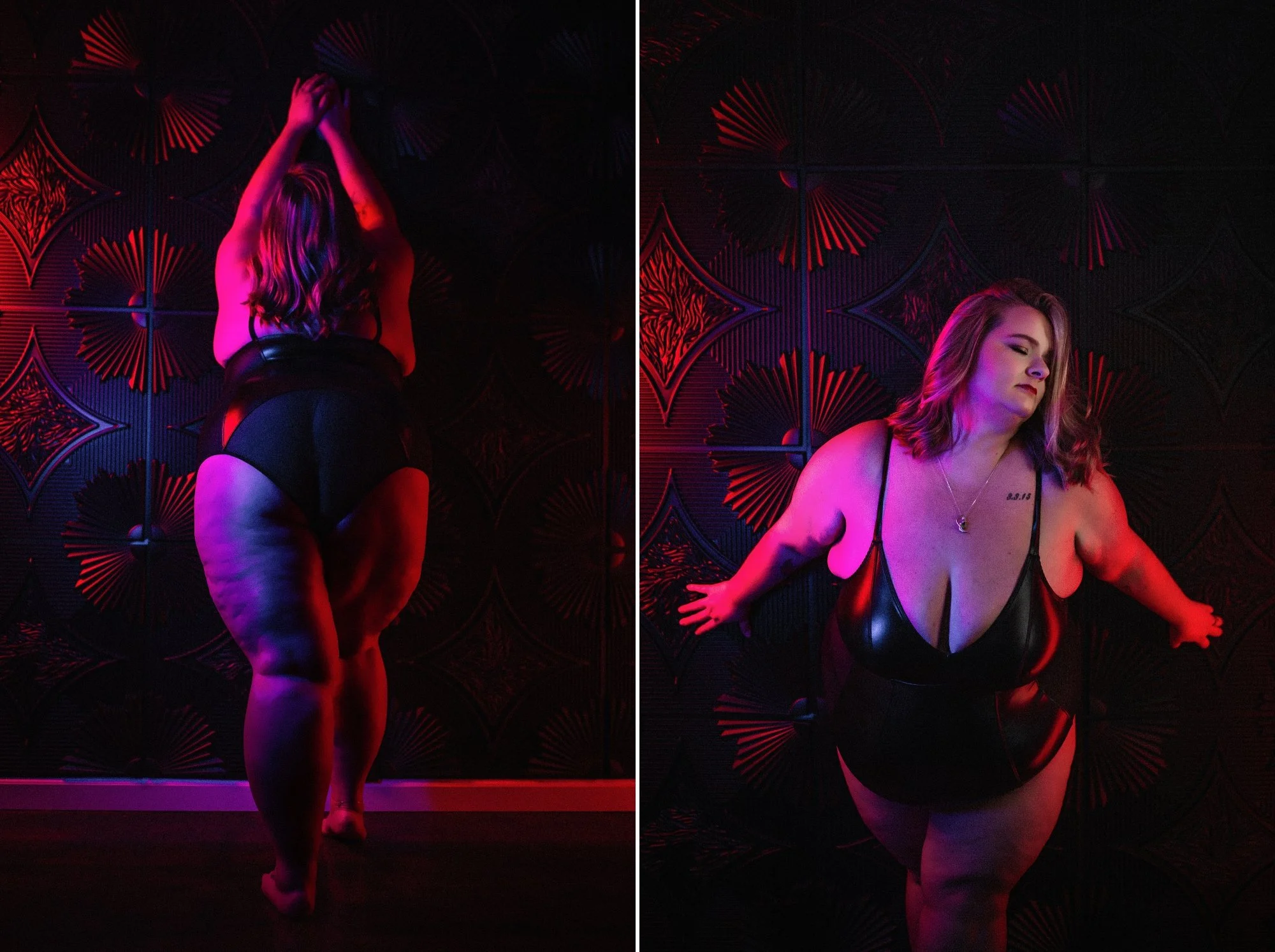 Two red and purple lit boudoir portraits of Ms. T posing with a St. Andrew’s cross