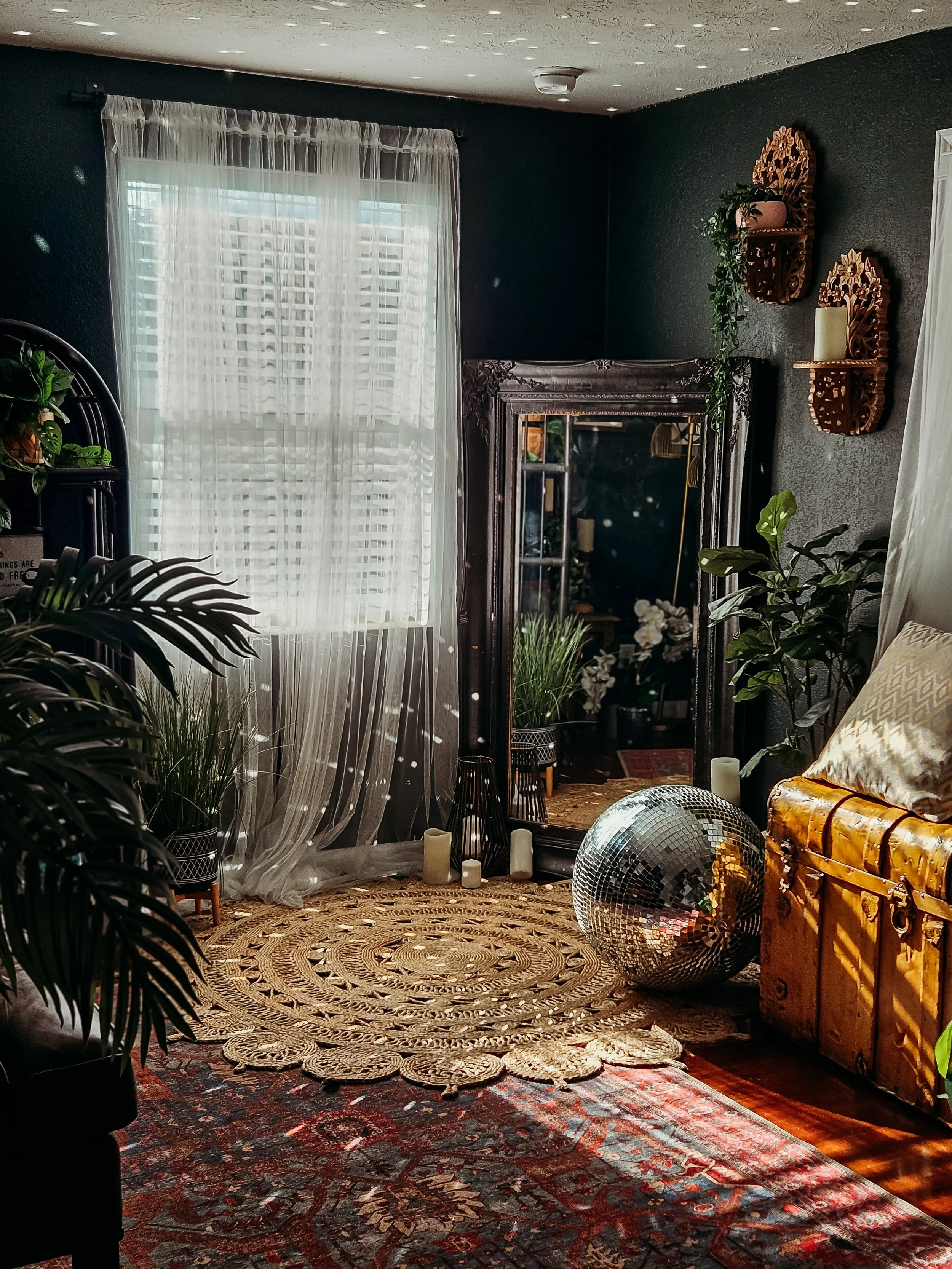 Private Hype Girl Boudoir studio in Jacksonville, Florida with mirror, plants, and disco ball