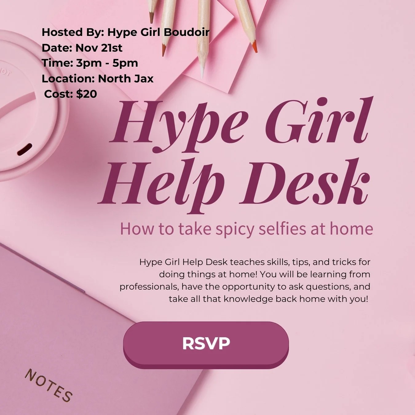 Need help taking better selfies at home? Hype Girl Help Desk is a casual workshop where Tiffany shares practical tips for lighting, posing, angles, and getting photos of yourself that you actually like—with plenty of time to ask questions and practic