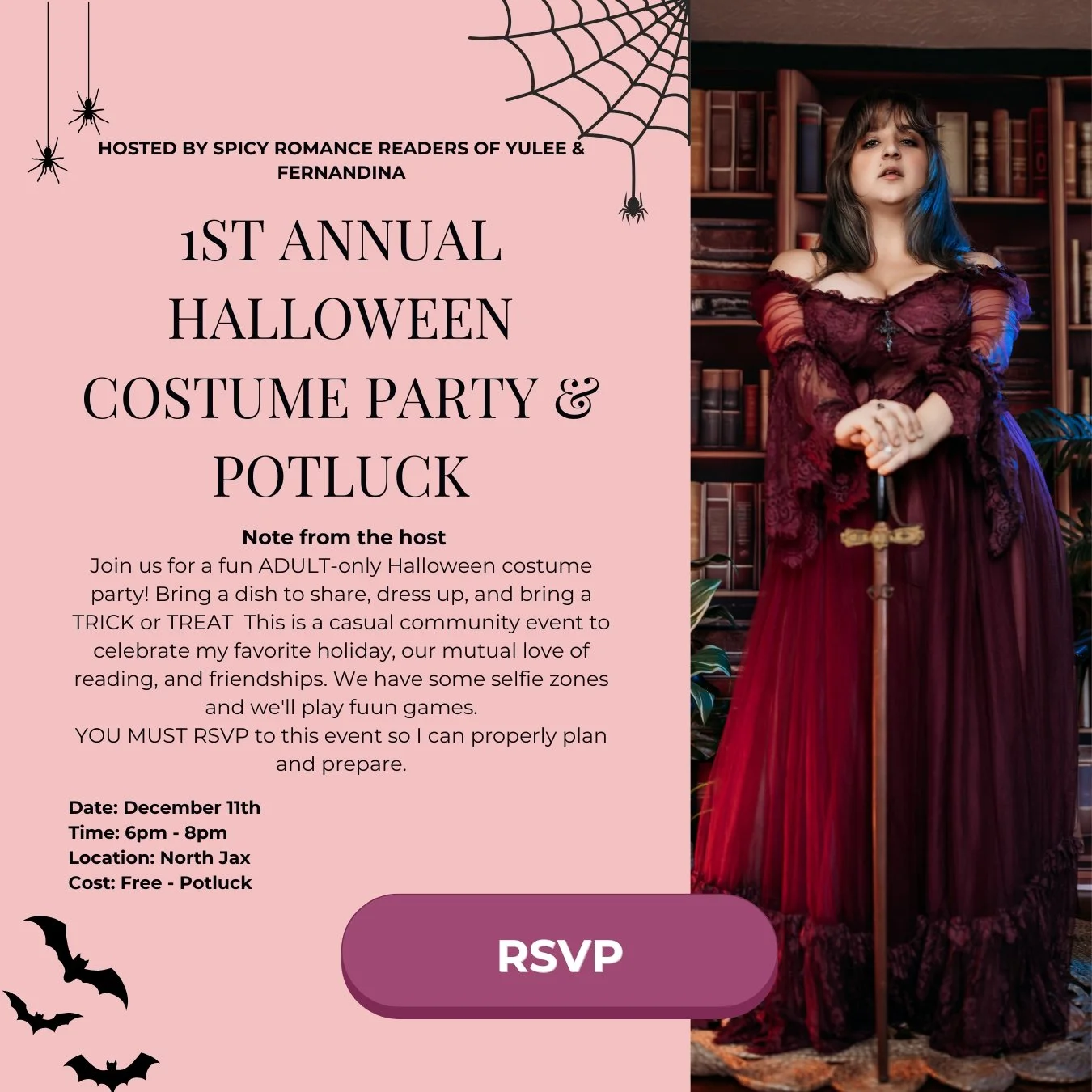 Hosted by Spicy Romance Readers of Yulee & Fernandina, this adults-only Halloween costume party and potluck is all about costumes, food, games, reading, and making new friends. Dress up, bring a dish to share, and come celebrate Halloween with the co