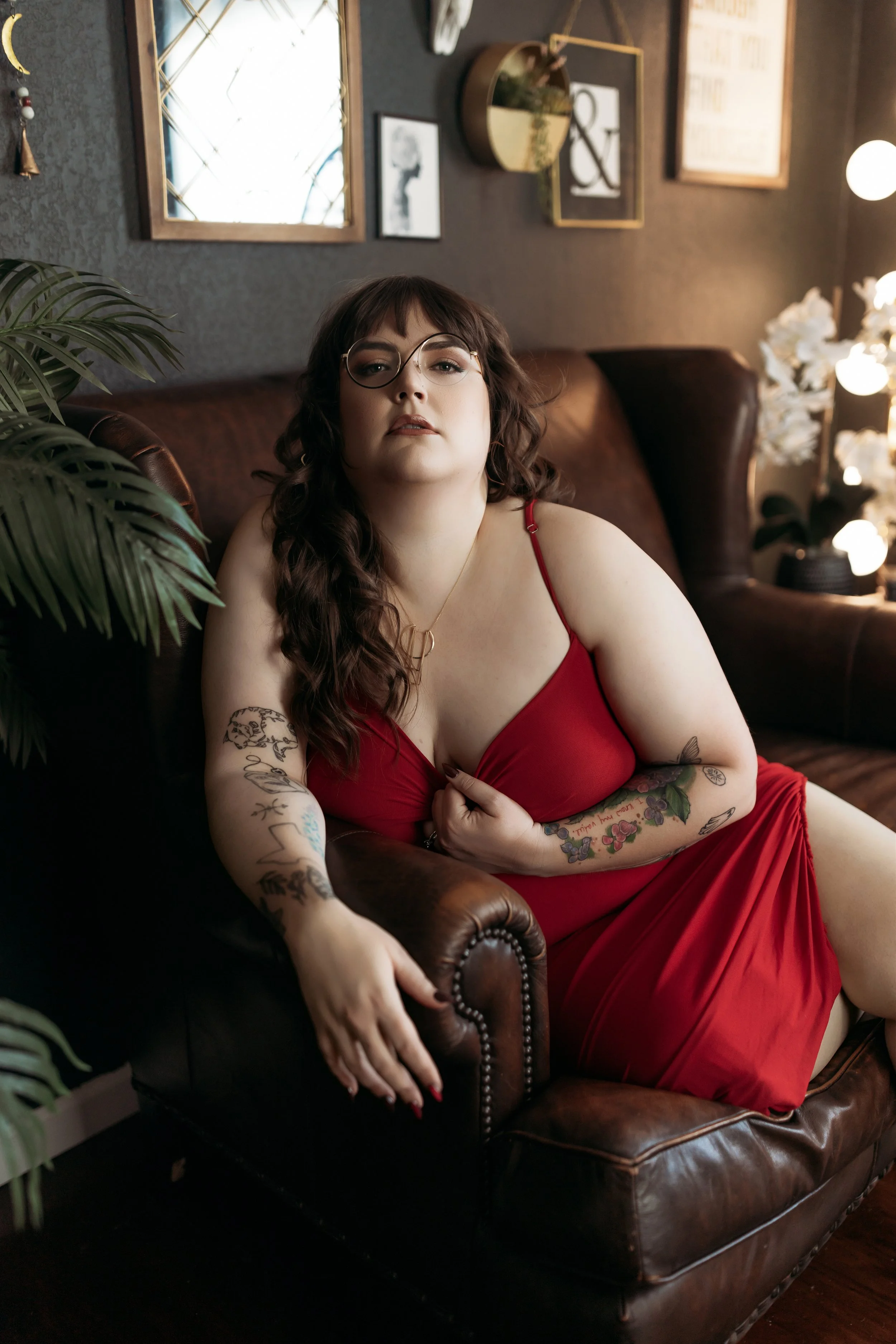 Client wearing a red Amazon dress as a non-traditional boudoir outfit at Hype Girl Boudoir