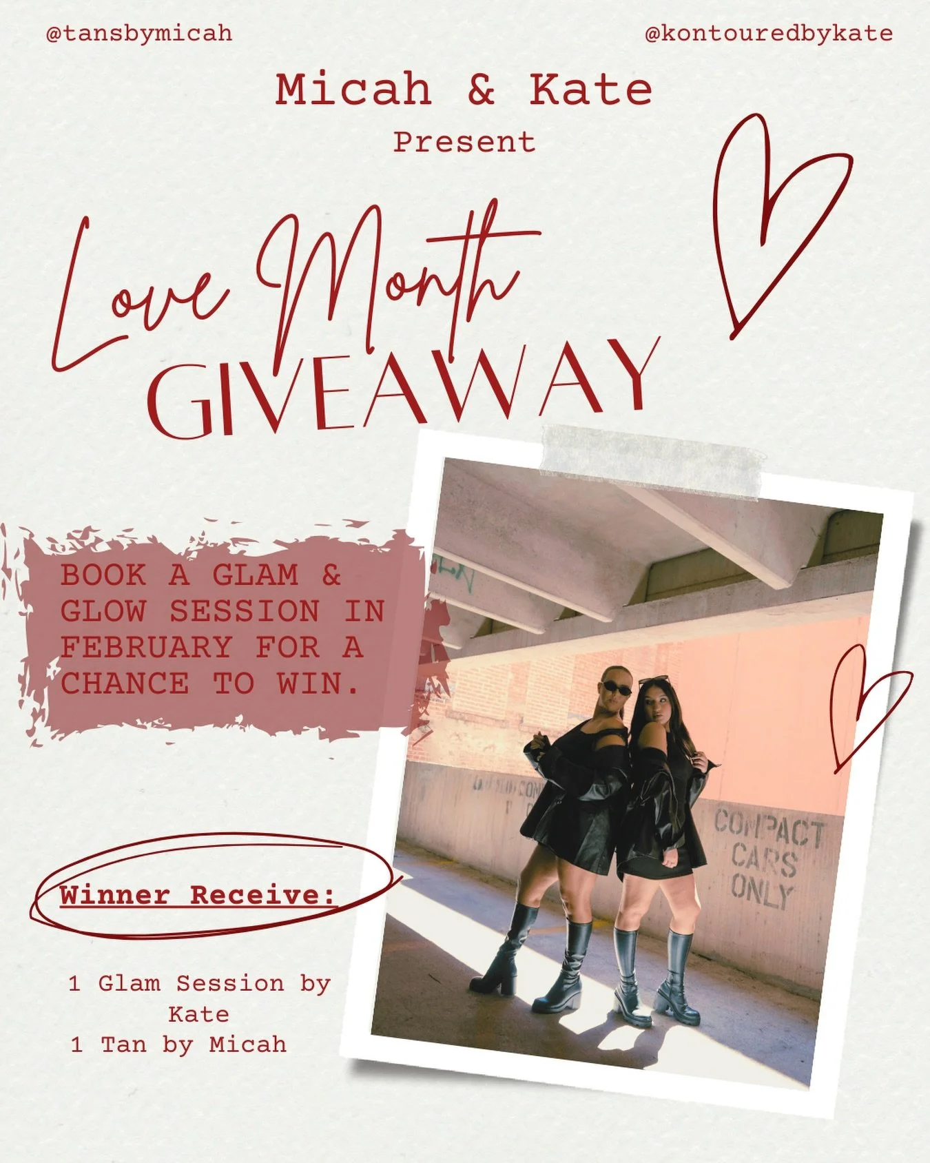 ✨ LOVE MONTH GIVEAWAY ✨

Micah &amp; Kate are teaming up to give one lucky winner the ultimate Glam &amp; Glow experience 🤍

One winner will receive:
✨ 1 Glam Session by @kontouredbykate
✨ 1 Custom Spray Tan by @tansbymicah

How to enter:
🤍 Book a 