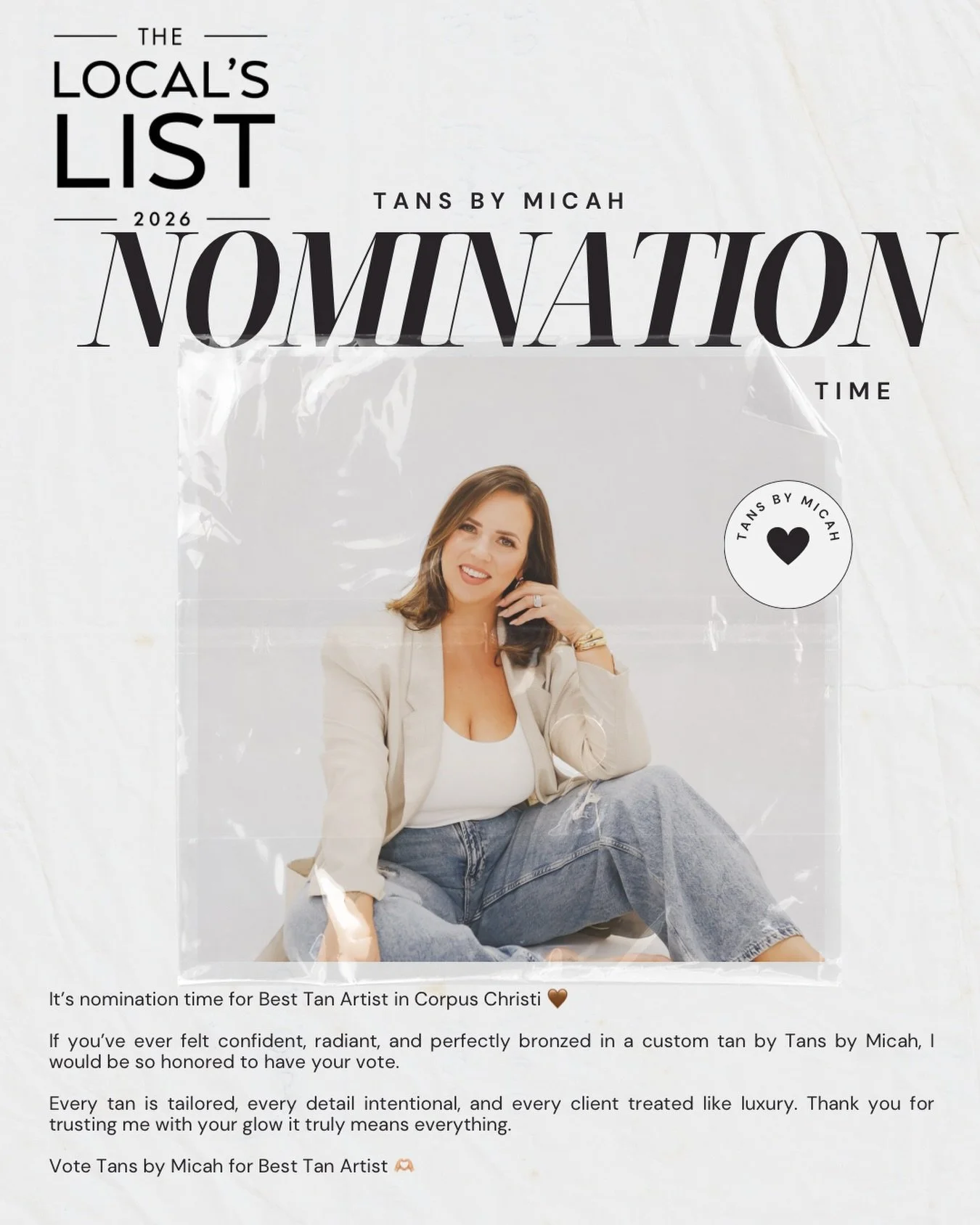 It&rsquo;s nomination time for Best Tan Artist/Studio in Corpus Christi 🤎

The Bends Locals List 🫶🏻

Last year we placed 2nd&hellip; and that was because of you. I am so incredibly grateful for this community and every client who trusts me with th