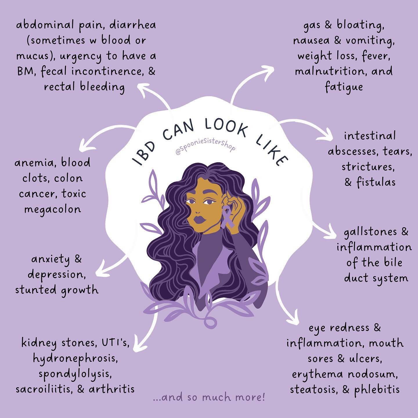 today is world IBD day &amp; #reds4veds day! 💜❤️

inflammatory bowel disease can look like:
💜 ab. pain, diarrhea (sometimes w blo0d or mucus), urgency to have a BM, fecal incontinence, &amp; rectal b1eeding
💜 gas &amp; bloating, nausea &amp; vomit