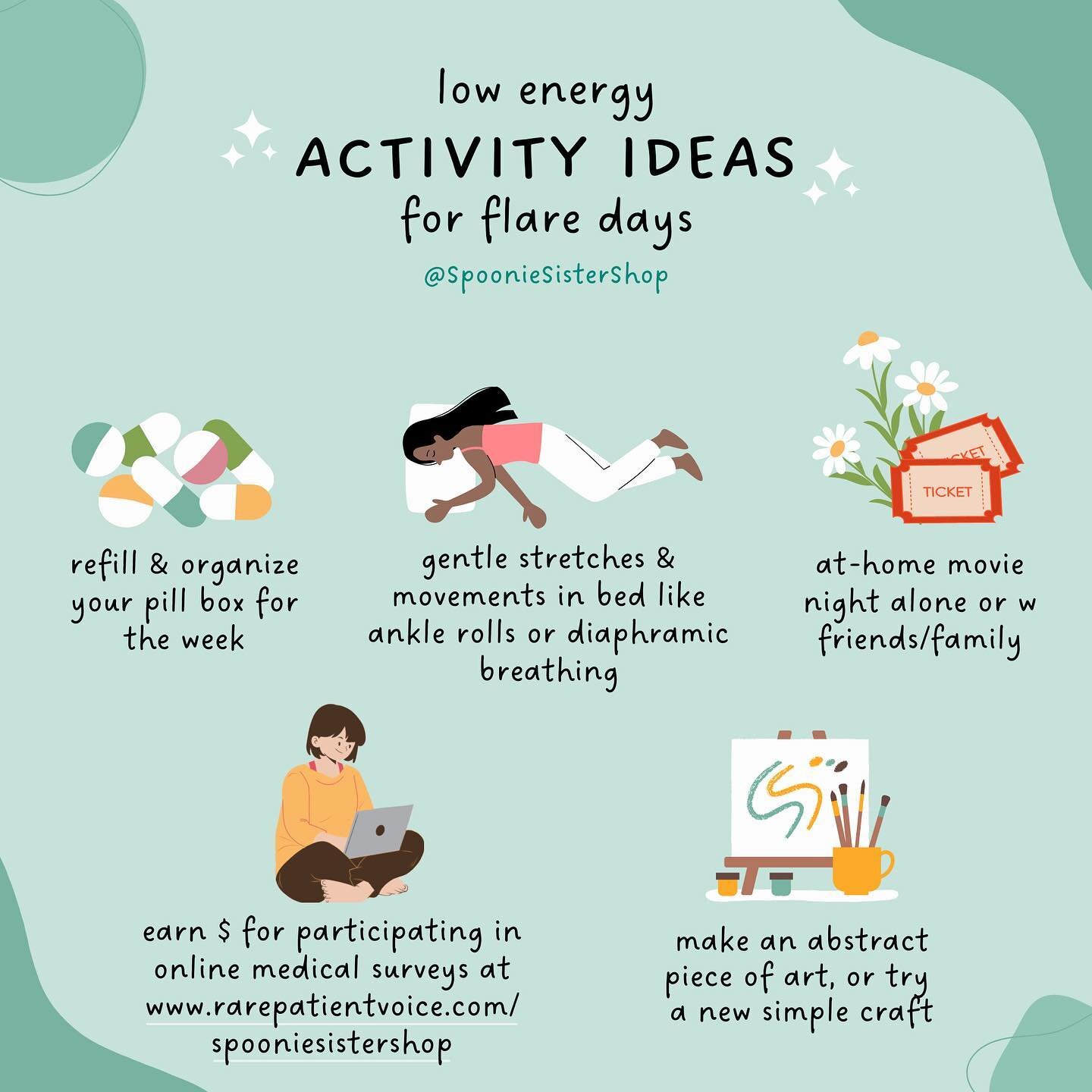 low energy activity ideas for flare days 🫶 

✨ refill &amp; organize your pill box for the week (always makes me feel productive wo flaring too badly!!)
✨ gentle stretches &amp; movements in bed like ankle rolls or diaphragmatic breathing
✨ at-home 