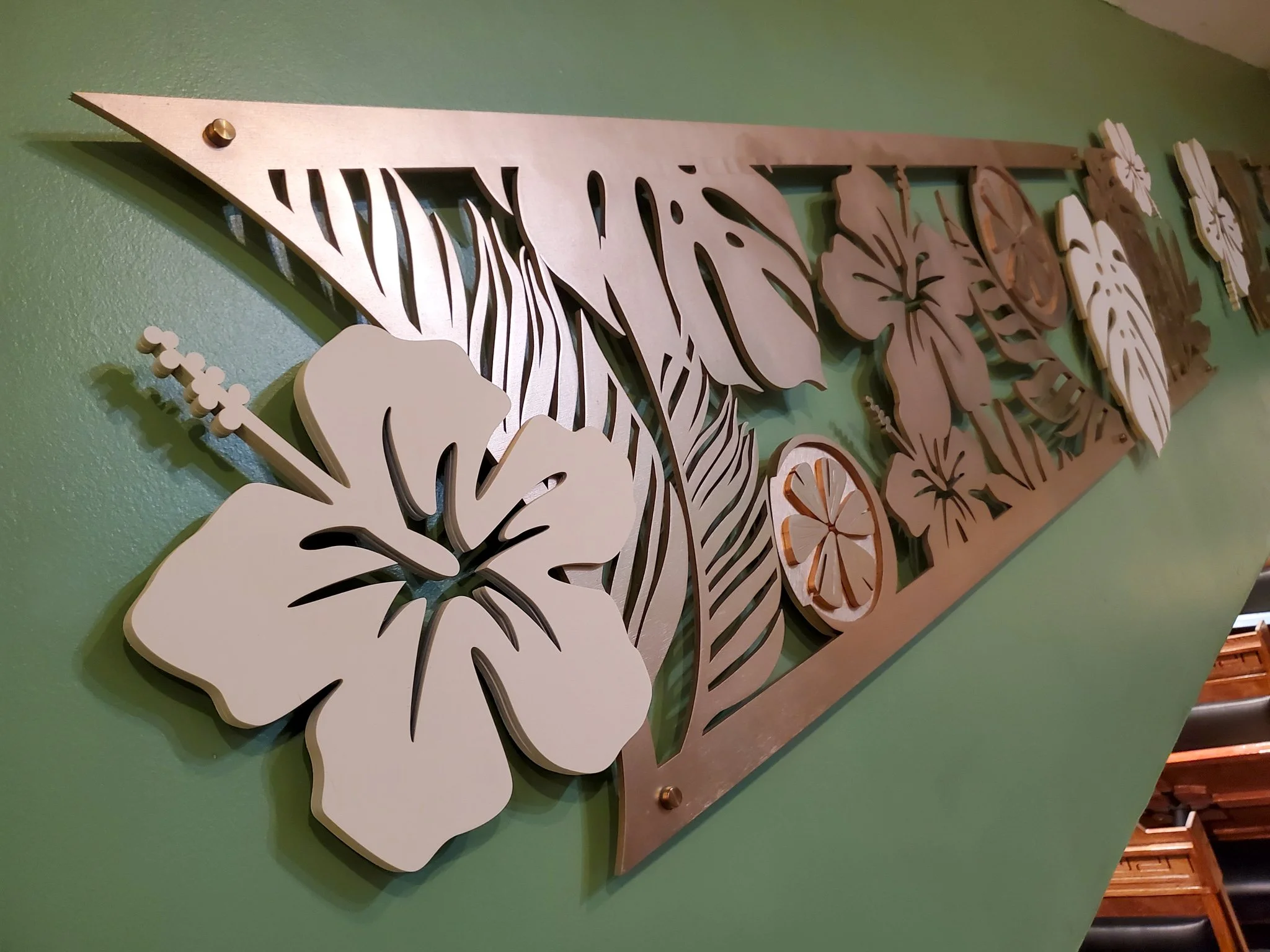 functional wooden custom it's cocktail o'clock and laser-cut and hand-painted wooden panels, florals, leaves