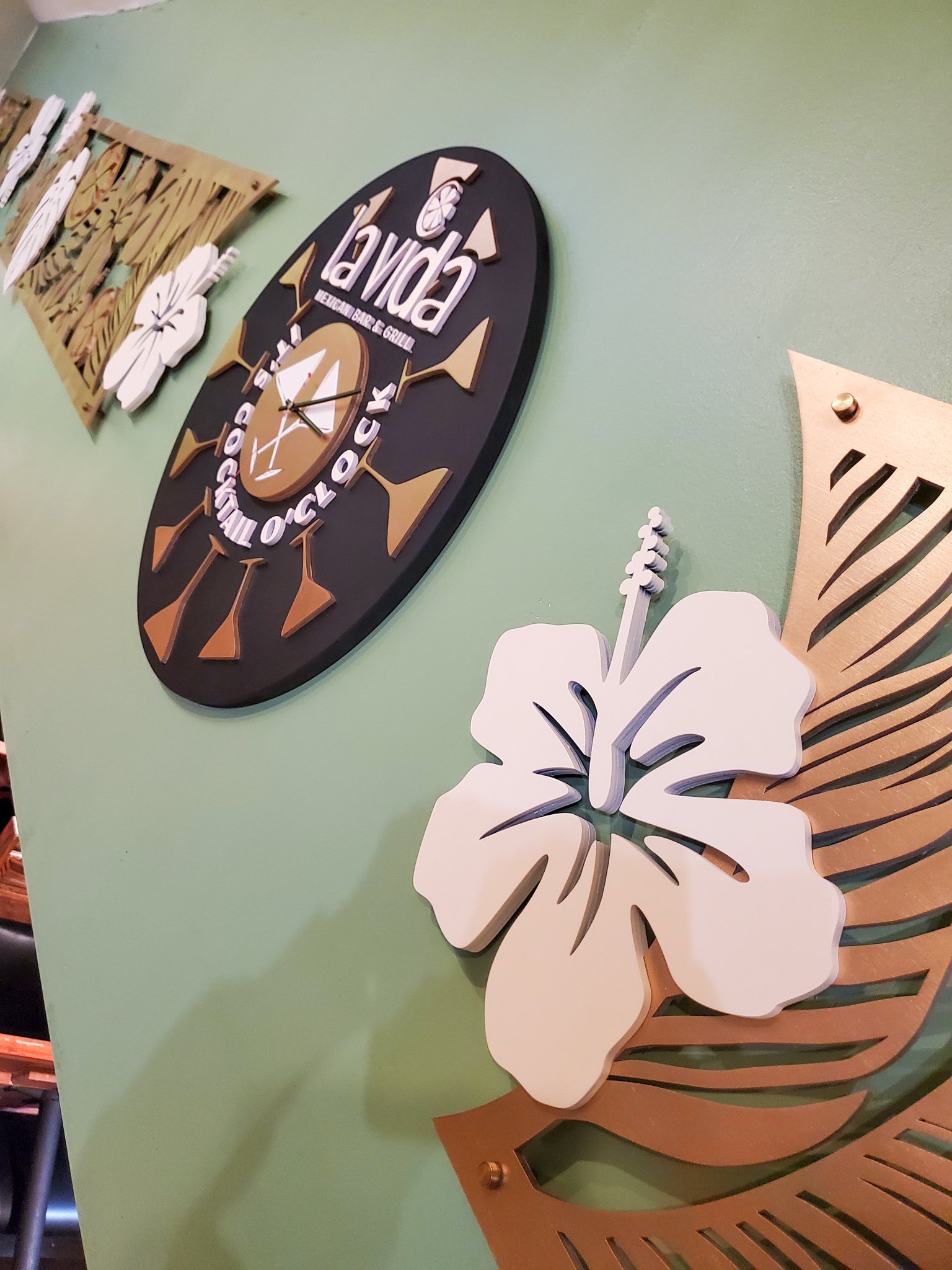 functional wooden custom it's cocktail o'clock and laser-cut and hand-painted wooden panels