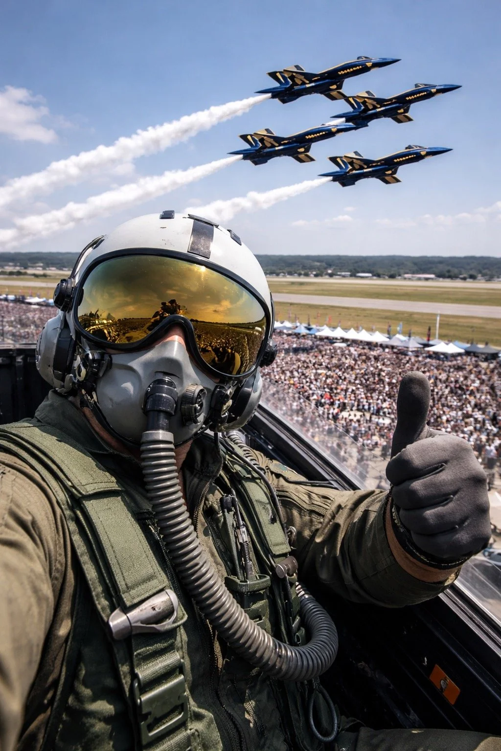 A fighter pilot in a flight suit and helmet giving a thumbs-up inside jet cockpit with a large crowd below, flying near four fighter jets performing an aerial formation during an airshow.