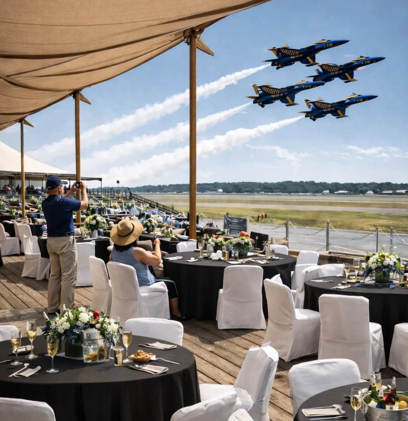 People watching an airshow at an outdoor event with tables and chairs, while jets fly overhead leaving white smoke trails.