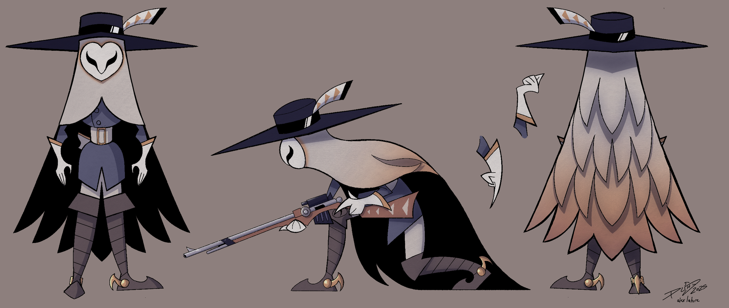 La Chorca Western and Mexican inspired owl costume mercenary hunter | Character Design | Turn Around Character Concept Hand poses | 2D Animation | Alex LaHire