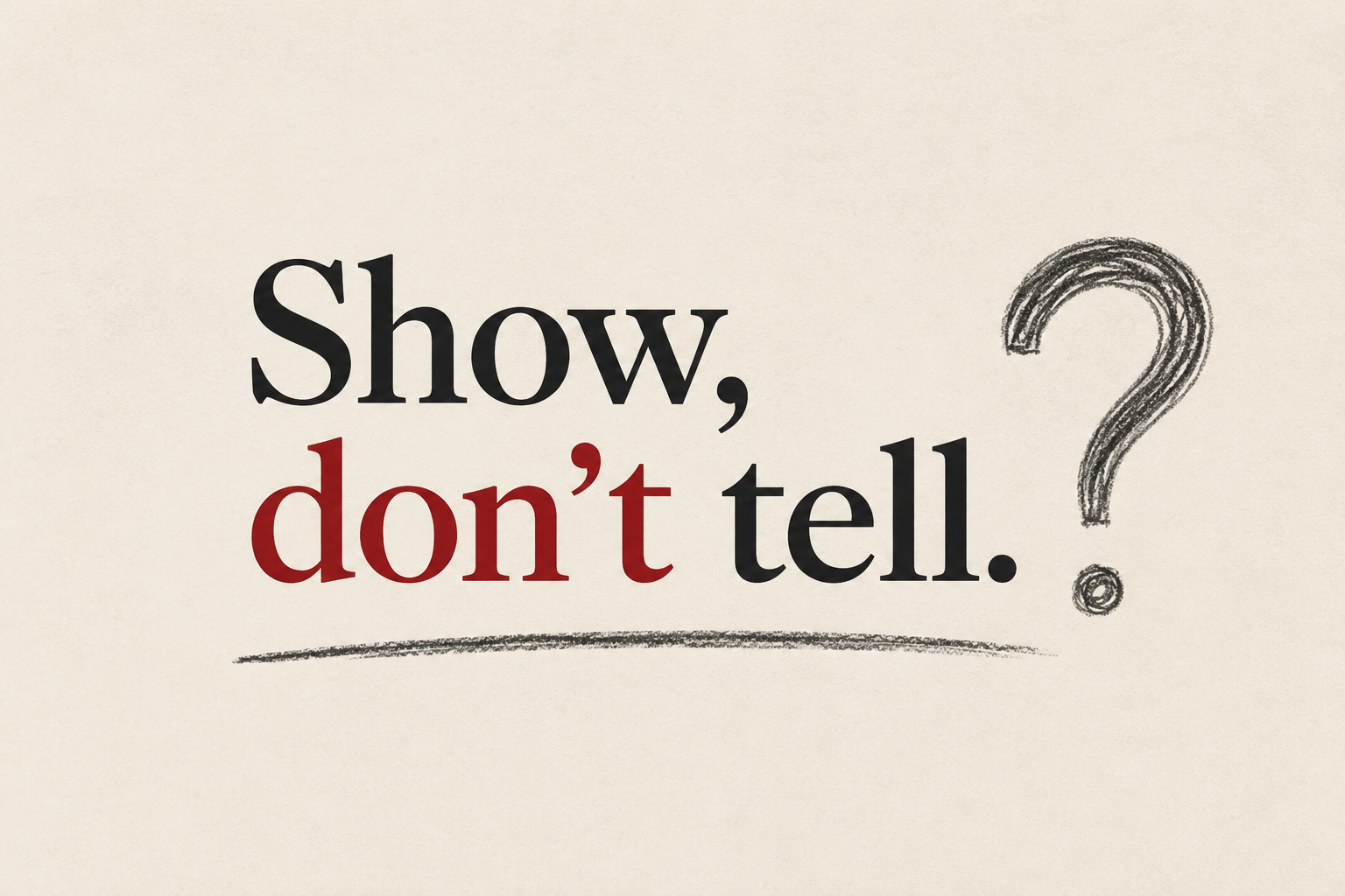 Text graphic questioning “show, don’t tell” as advice for college essays.