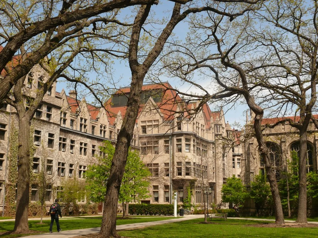 Students walking through the University of Chicago quadrangle with gothic buildings and trees on campus