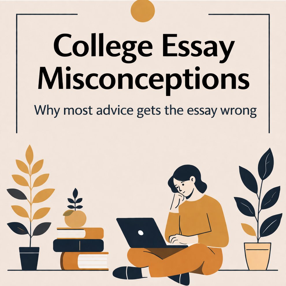 Illustration for the College Essay Misconceptions series explaining why common advice about college essays is often wrong