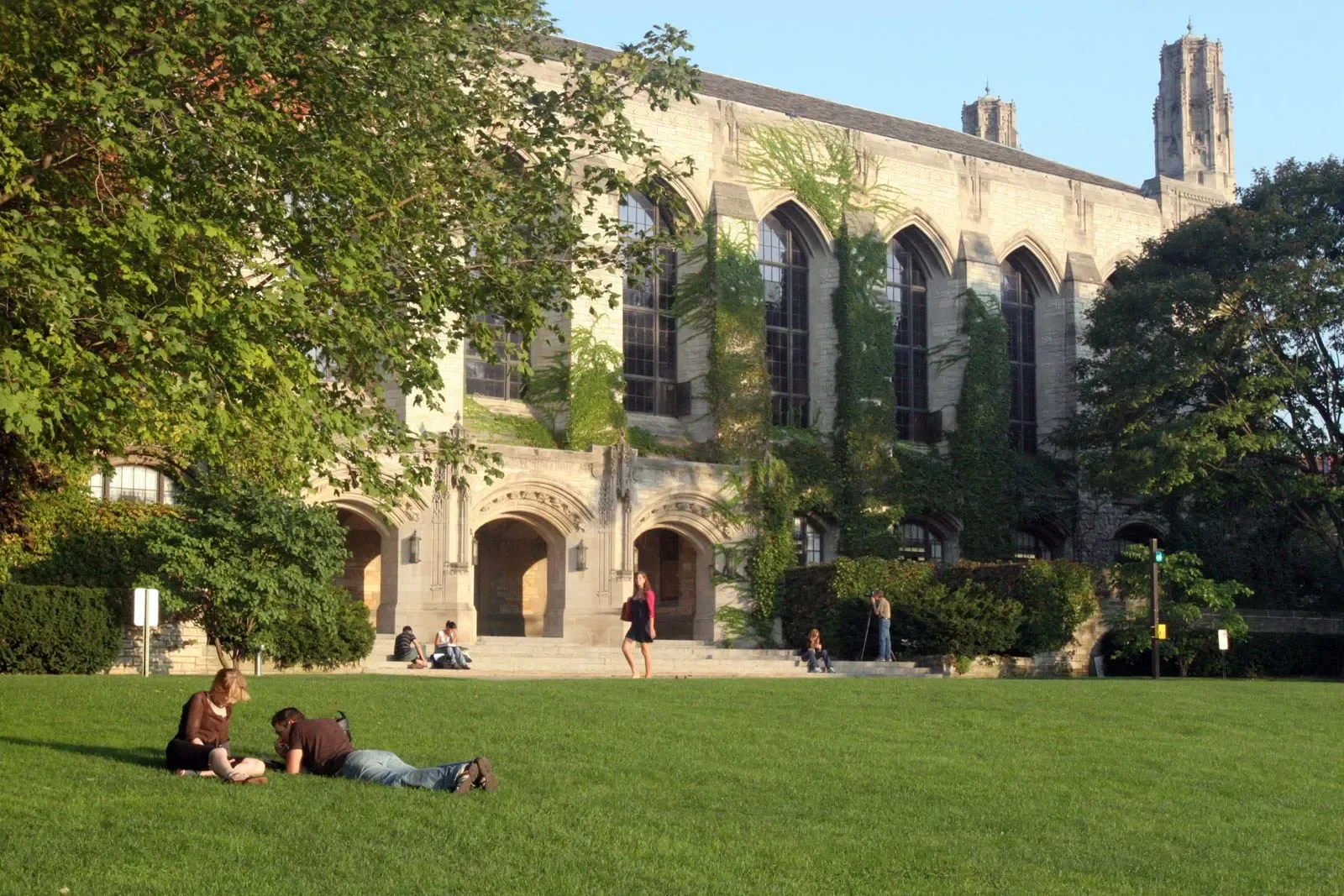 Students relaxing on the lawn outside Deering Library at Northwestern University in Evanston