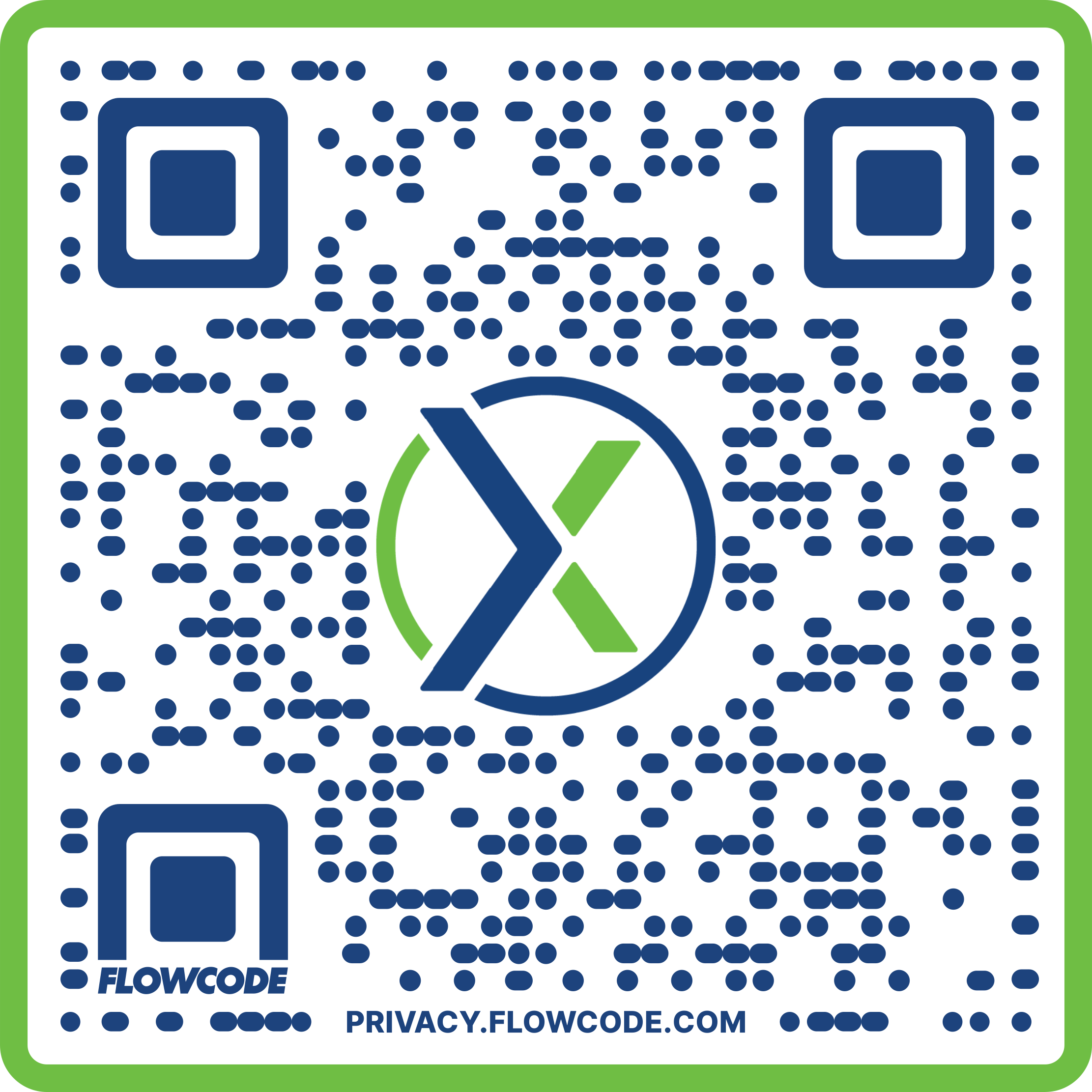 Flowcode QR code with a green border and blue dots, featuring a central logo with a stylized 'X' and a check mark, and text indicating privacy.flowcode.com.
