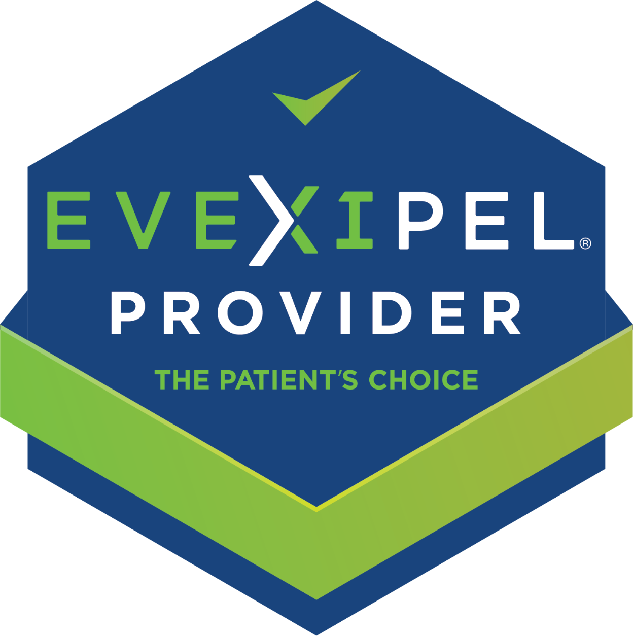 A logo for Evexipel Provider with a chevron/checkmark symbol at the top. The logo features a dark blue background with green and white text and accents. The text reads 'Evexipel Provider' with the tagline 'The Patient's Choice' underneath.