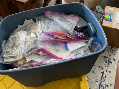 Large plastic bin filled with ziplock bags containing photographs and papers.
