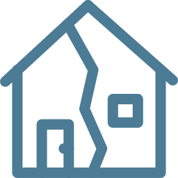 Blue outline of a house with a large crack down the middle, symbolizing damage or instability.