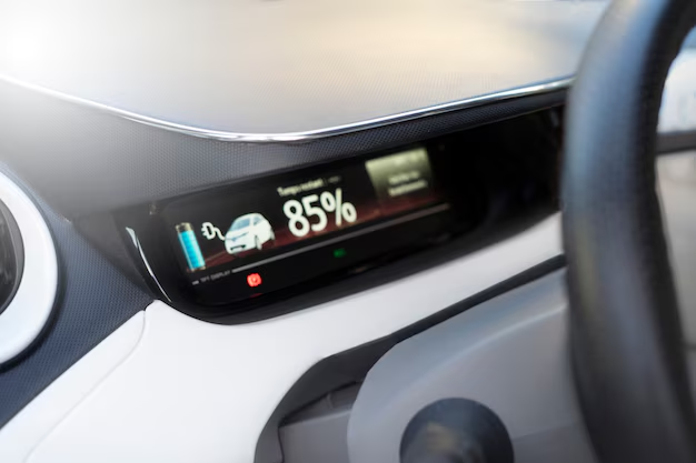 An electric car's dashboard display showing a battery icon, a car being charged, and 85% charge.