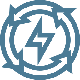 Blue circle of arrows surrounding a lightning bolt, symbolizing renewable energy or efficiency.