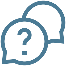 Two speech bubbles, one with a question mark. Represents questions, help, or frequently asked questions.