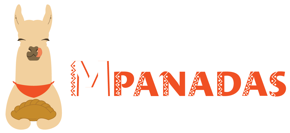 Illustration of a smiling llama wearing a red bandana, holding a pie, next to the word 'Empanadas' in decorative red and white text.