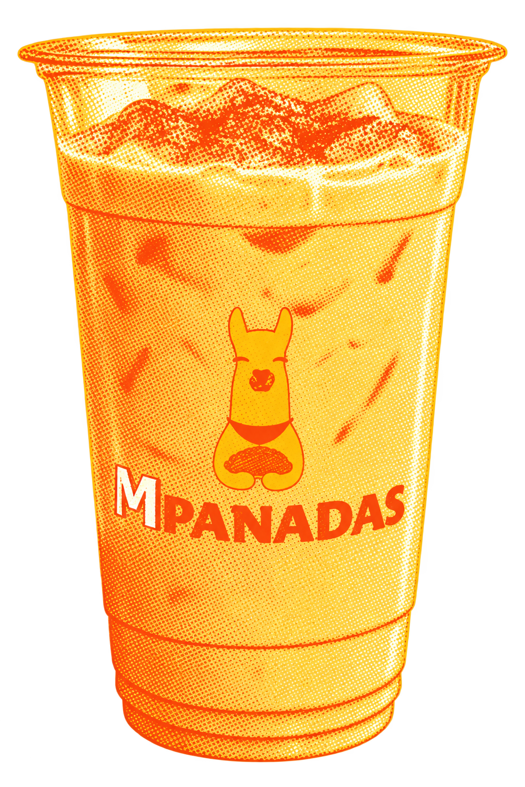 A yellow-colored drink cup with a logo of a cartoon dog holding a cookie and the words 'M PANADAS' on it, filled with iced beverage and ice cubes, illuminated with a warm, glowing light.