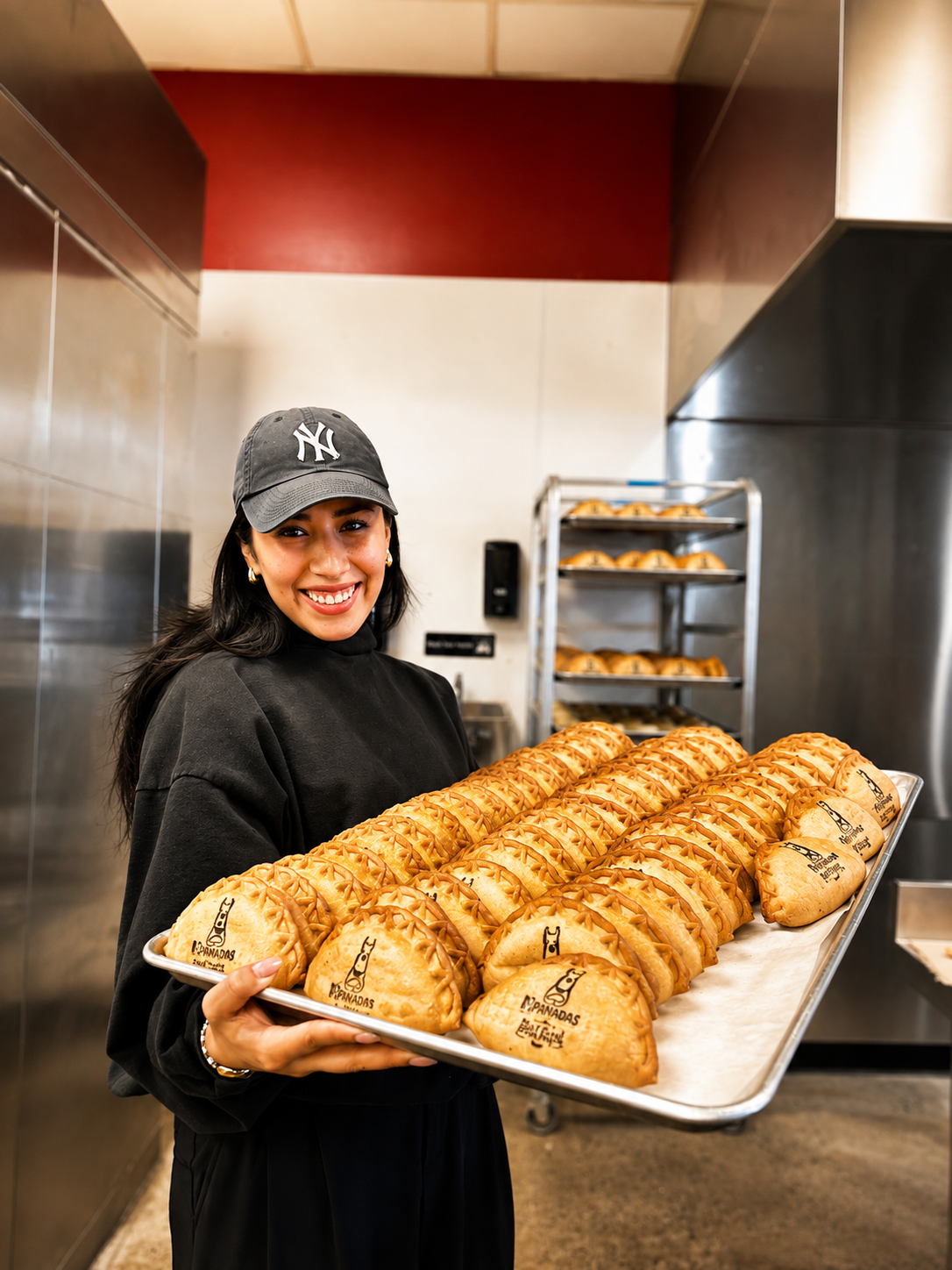A woman smiling and holding a tray of baked pastries in a commercial kitchen, with baked goods on a rack in the background.