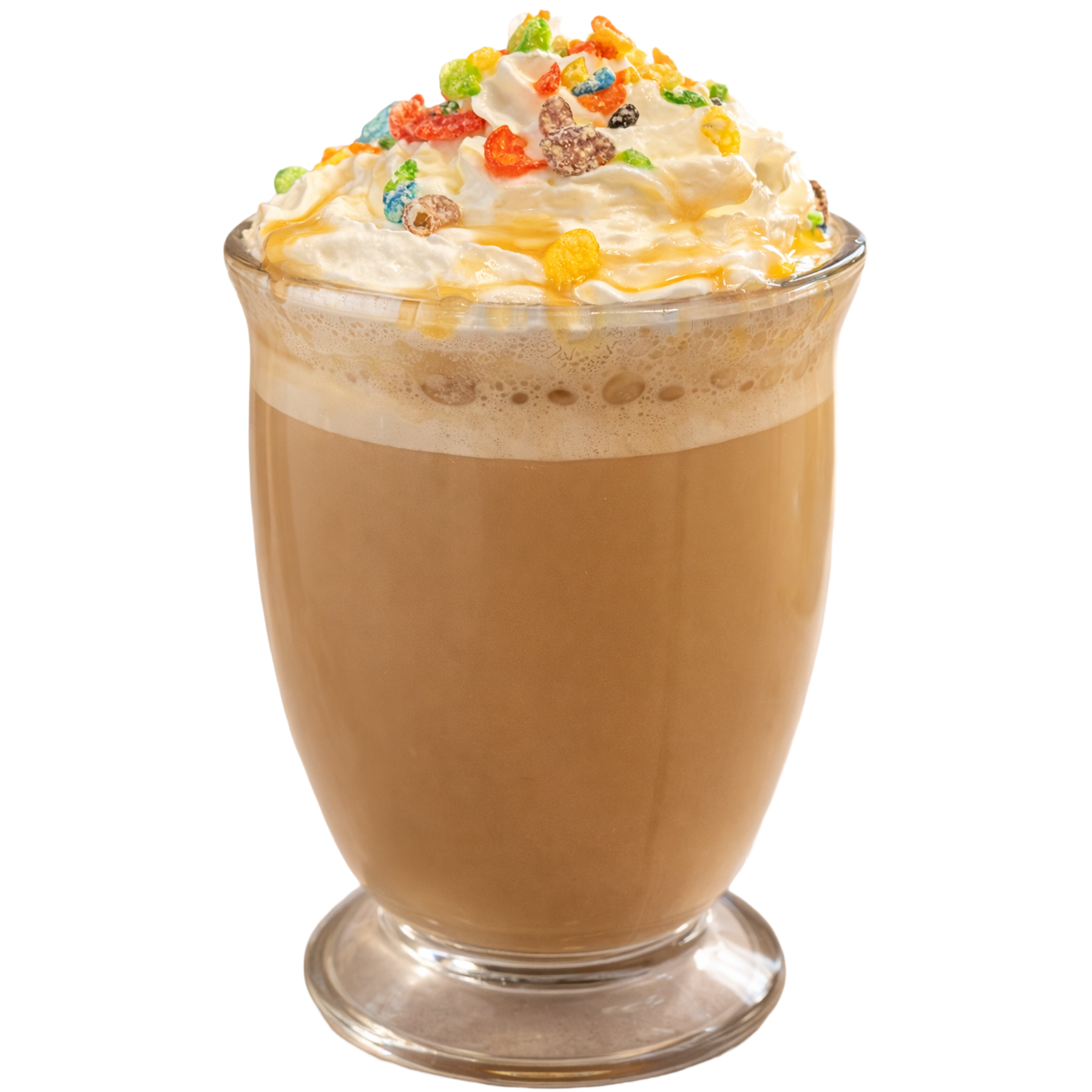Fruity pebble latte with cream ontop with the garnish of famous cereal