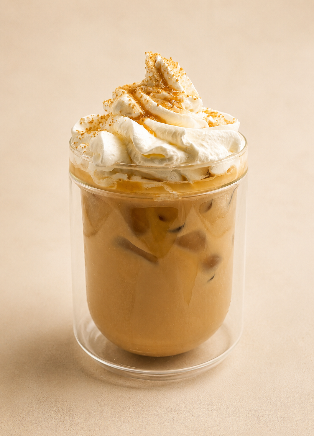 A clear glass filled with COFFEE AND BROWN SUGAR DRIZZLE