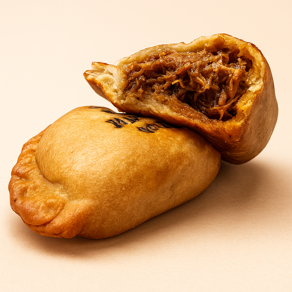 Close-up of two baked meat pockets, one showing shredded meat filling inside.