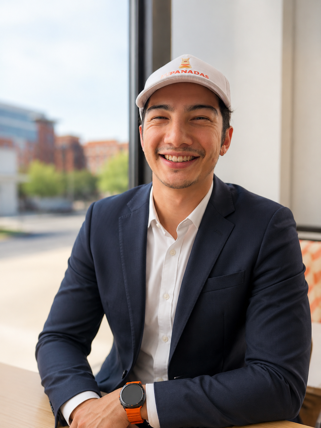 A smiling man wearing a white cap with a bear illustration and the word 'MPANADAS,' a navy blazer, white shirt, and an orange smartwatch, sitting near a window.