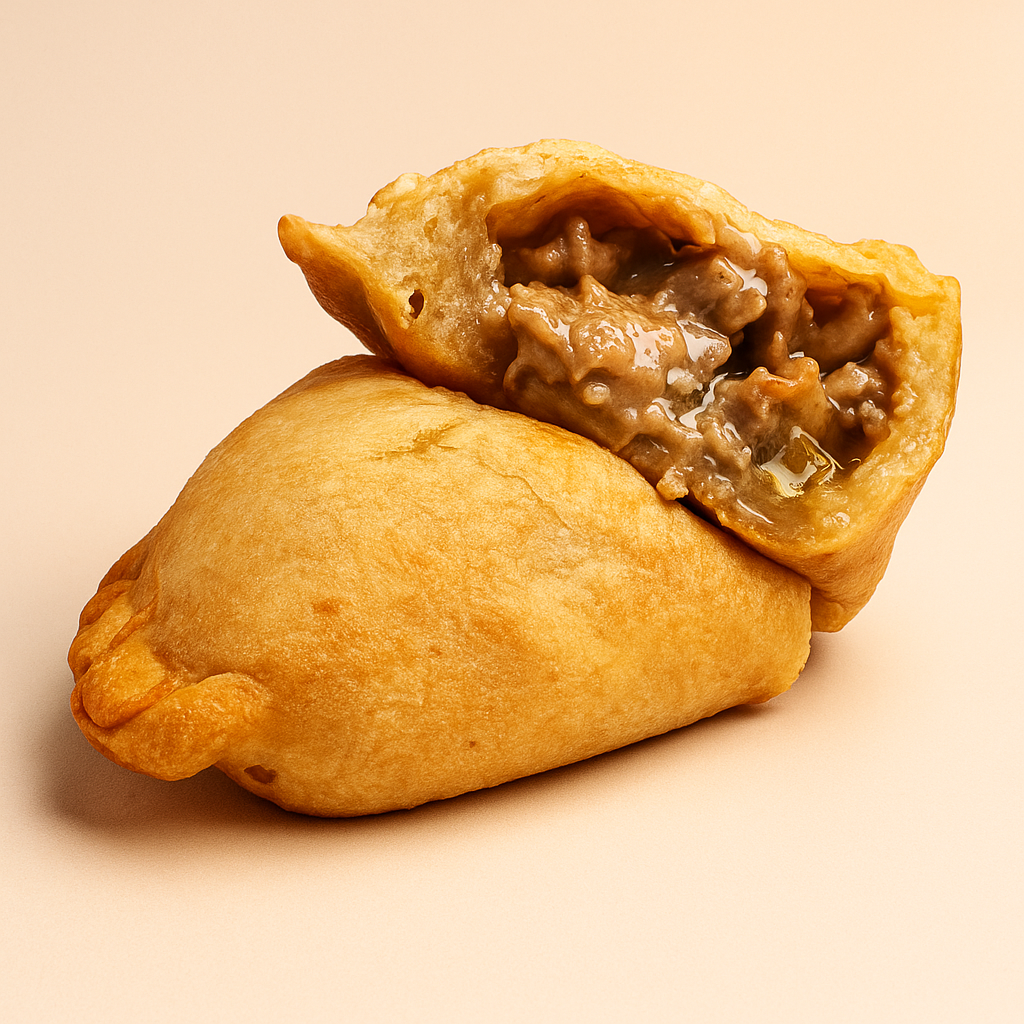 A close-up of a beef taco empanada with a golden-brown fried shell, one broken open to show seasoned ground beef inside.