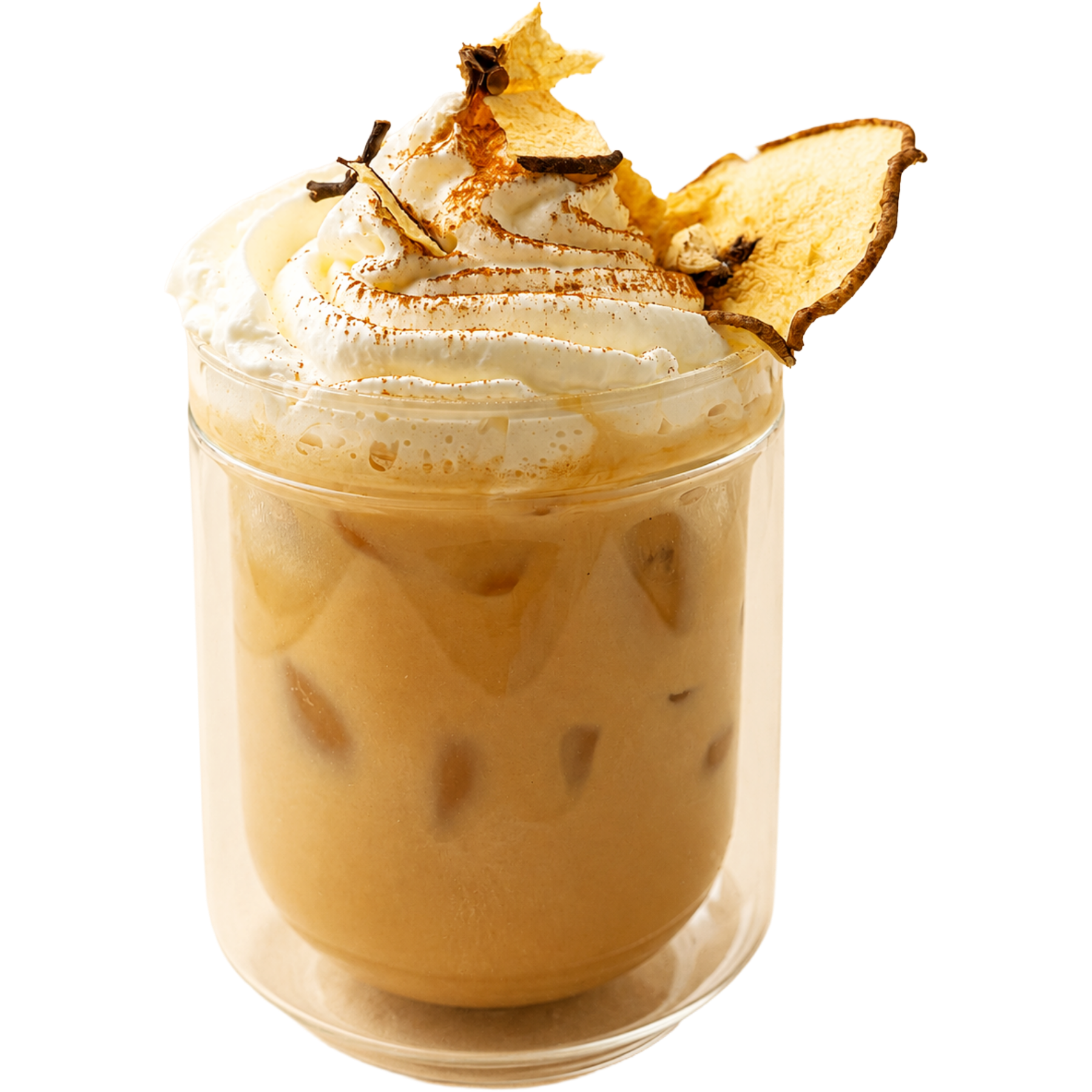 Latte with whipped cream garnished with dehydrated pear