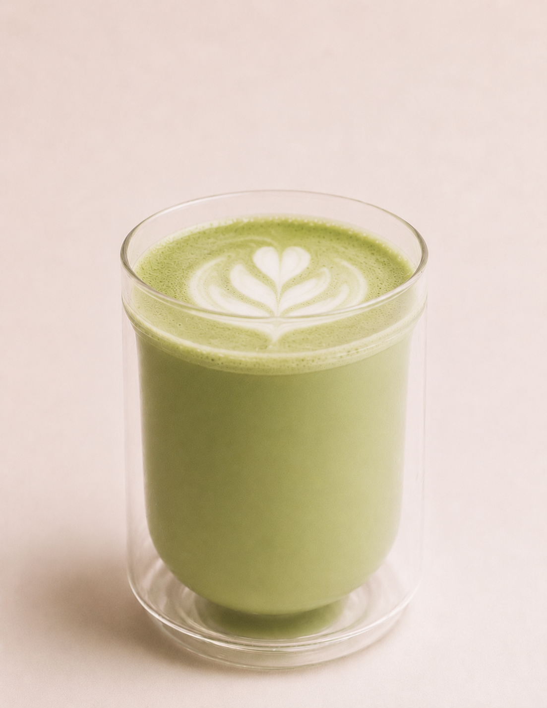 A glass of green matcha latte with latte art on top, featuring a heart-shaped leaf design.