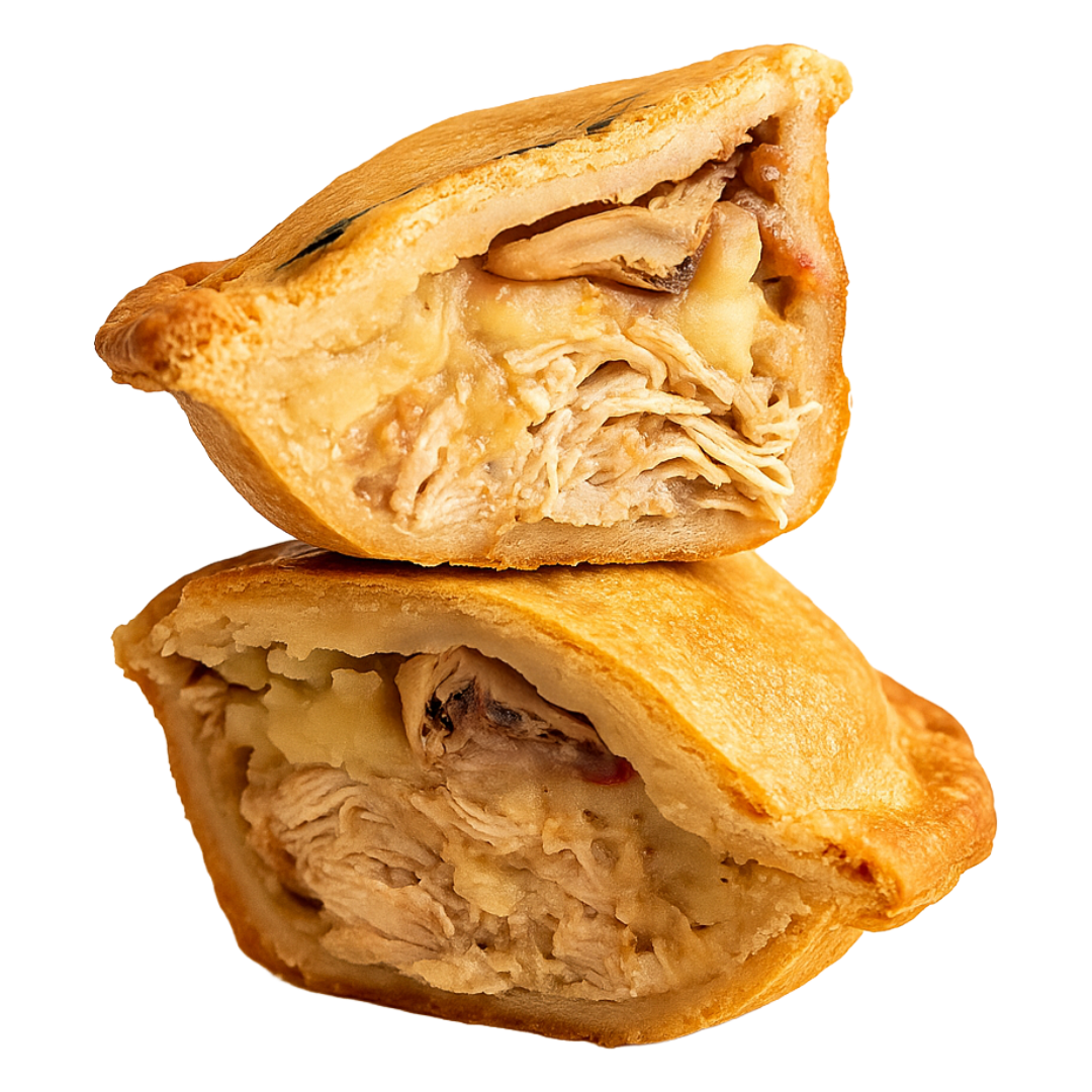 Cross-section of empanada cut in half showing pulled turkey and mashed potatoesinside a golden-brown flaky crust.
