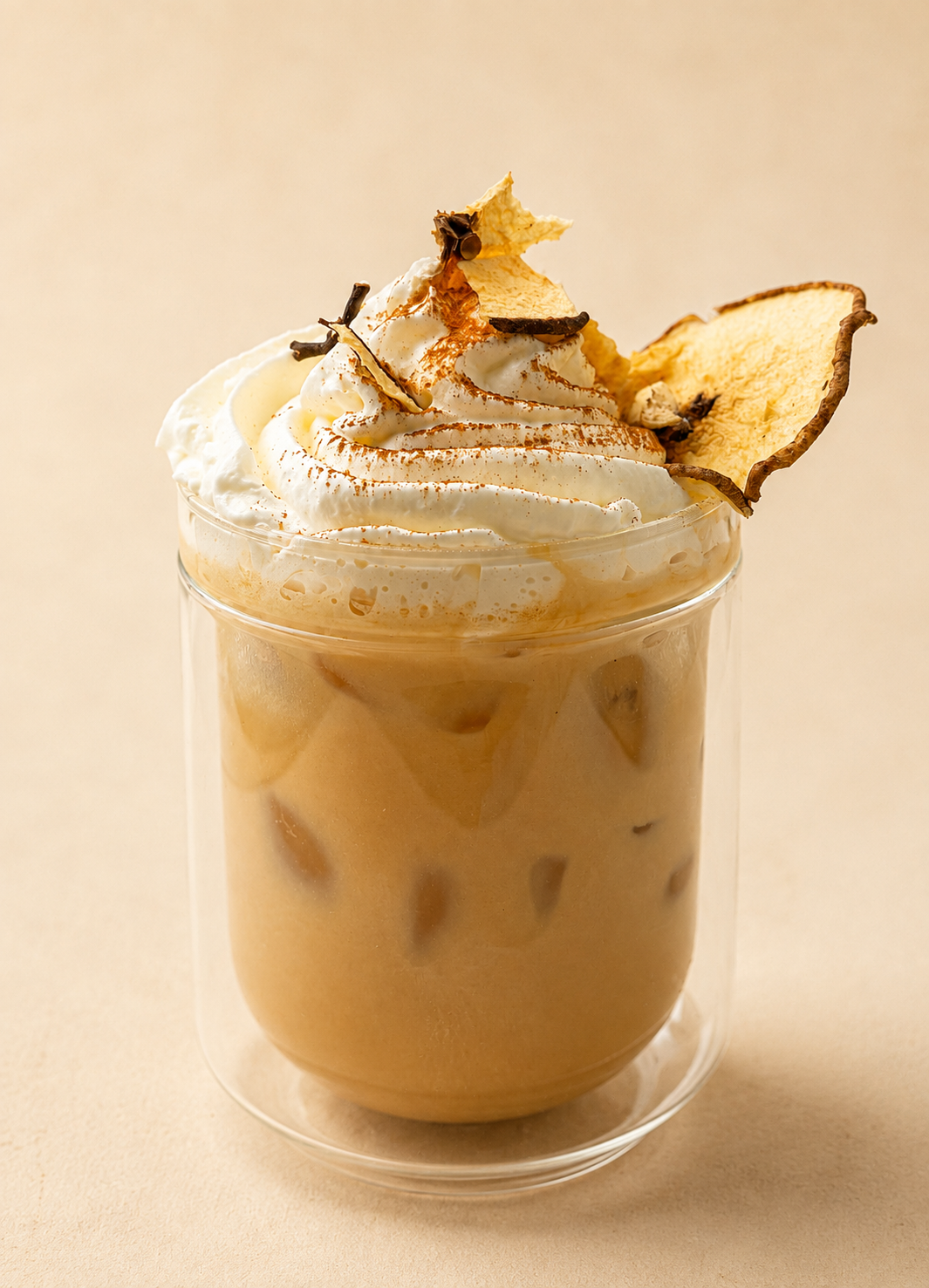 A GLASS FILLED WIHT LATTE AND DEHYDRATED PEAR SLICE