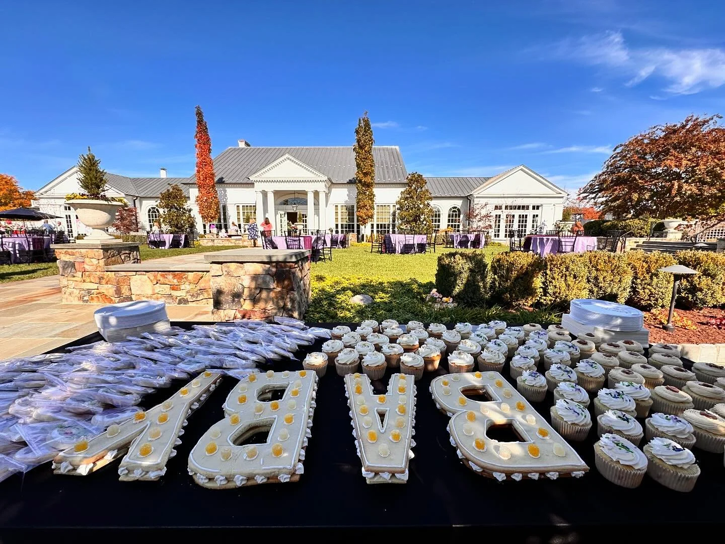 Sweet baby wishes for a sweet family. An assortment of sugar cookies and three types of cupcakes: spice cake, funfetti, and dulce de l&egrave;che. Marquee style letters spelling &ldquo;baby&rdquo; made from sugar cookies, gum drops, and LED lights. T